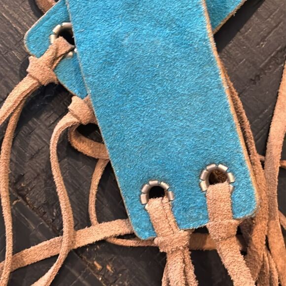 Vintage Tassel Genuine Leather Perforated Tan Brown Turquoise Western Boho Belt 